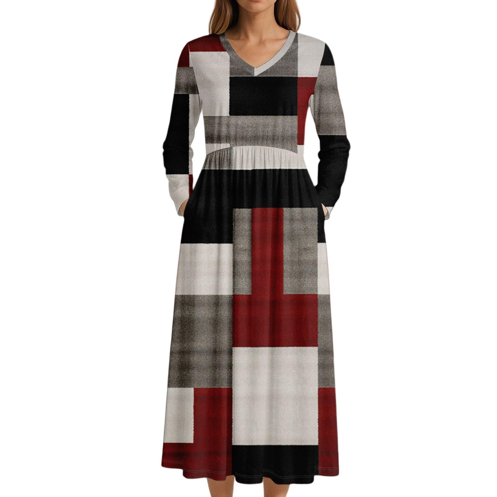 Women s Long Sleeve Vintage Bohemian Patchwork Maxi Dress with V-Neck and Pockets, Elegant Colorful Casual Dress for Fall and Winter XXL