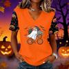 Women's Short Sleeve V-Neck Pullover Top with Halloween Print for Casual Everyday Wear