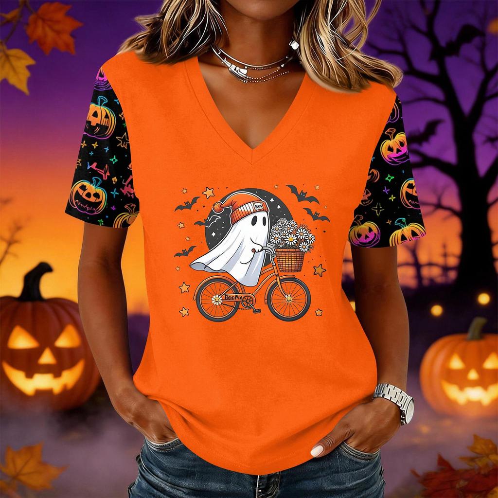 Women's Short Sleeve V-Neck Pullover Top with Halloween Print for Casual Everyday Wear