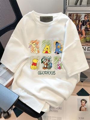 Pooh Bear Printed T-shirt Men Women Casual Loose Oversized Short Sleeve Unisex Couple's Short Sleeved Heavy Cotton Male Female Clothing