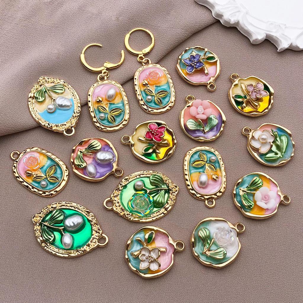 French Retro Luxury Enamel Earrings & Necklace Set: Monet's Garden Oil Painting Flower Design
