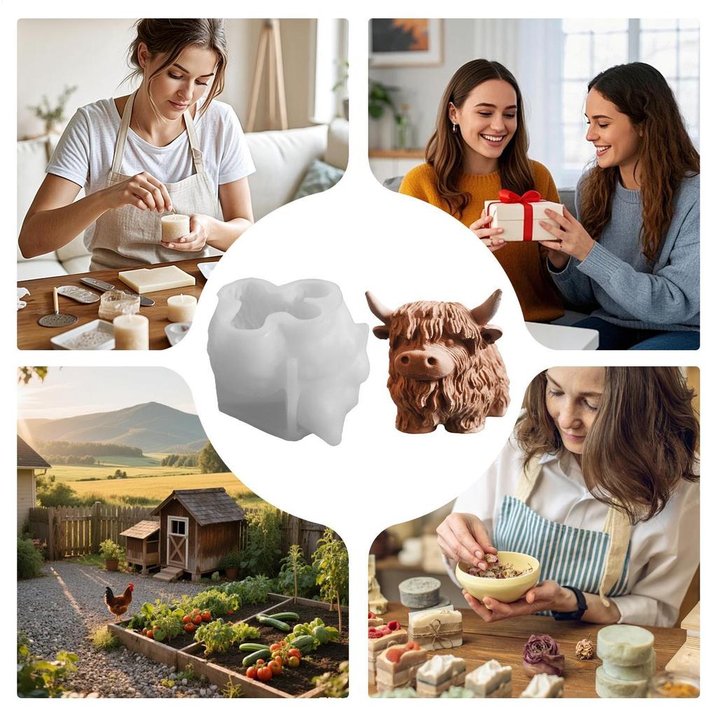 3D Highland Cow Silicone Mold Cute Calf Resin Mold Crafts Candle Mold Food-Grade Mould for Figurines Desktop Home Decoration