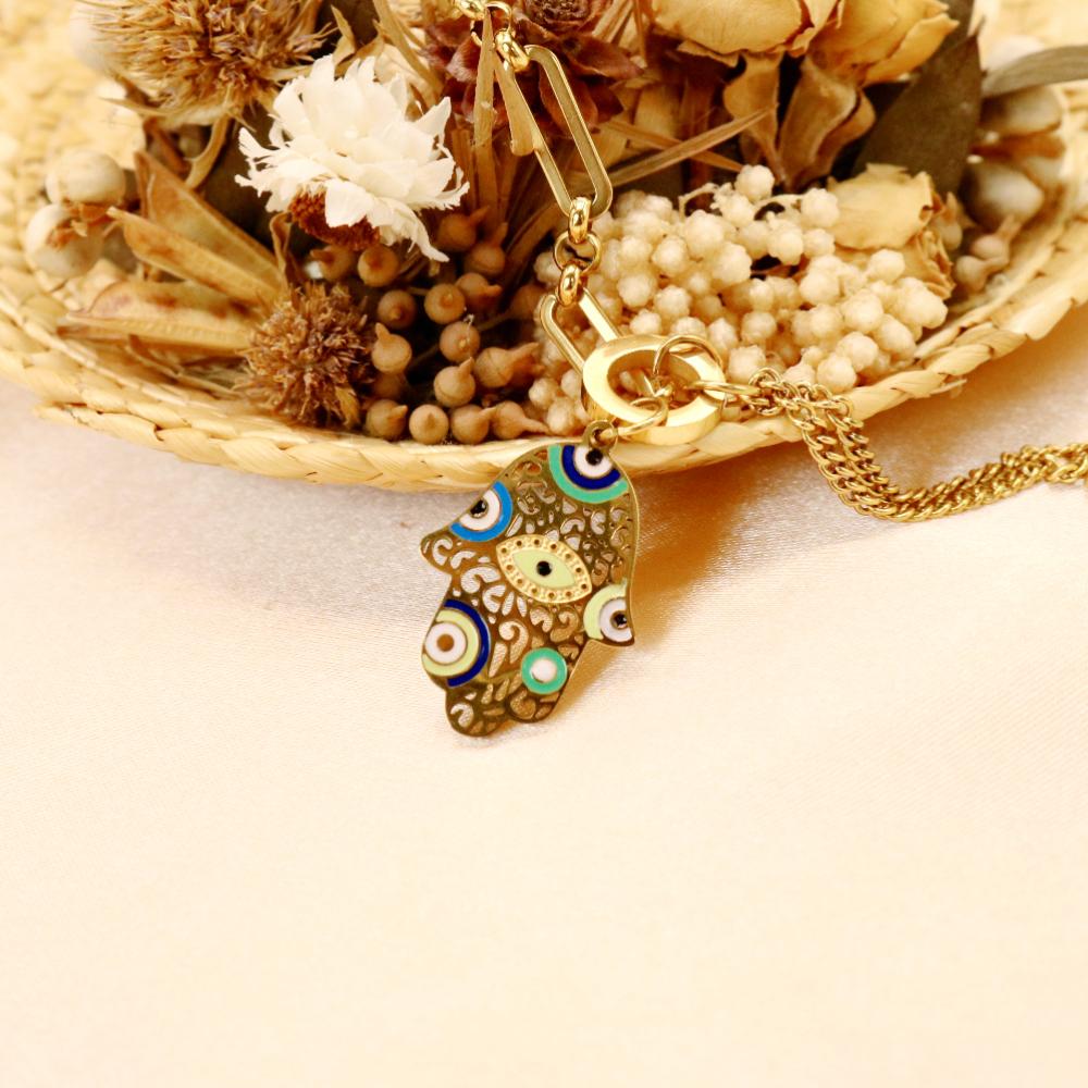 Böses Auge Fatima Hand Anhänger Halskette für Frauen Goldfarbe Edelstahl Schlüsselbeinketten Vintage Türkisches Auge Amulett Schmuck