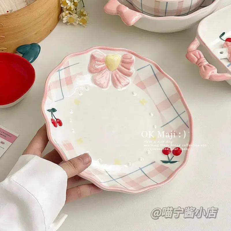 Instagram Cherry Plate Home Vegetable Plate Breakfast Plate High Beauty Dessert Cute Ceramic Tableware Flat Dish Set Decoration