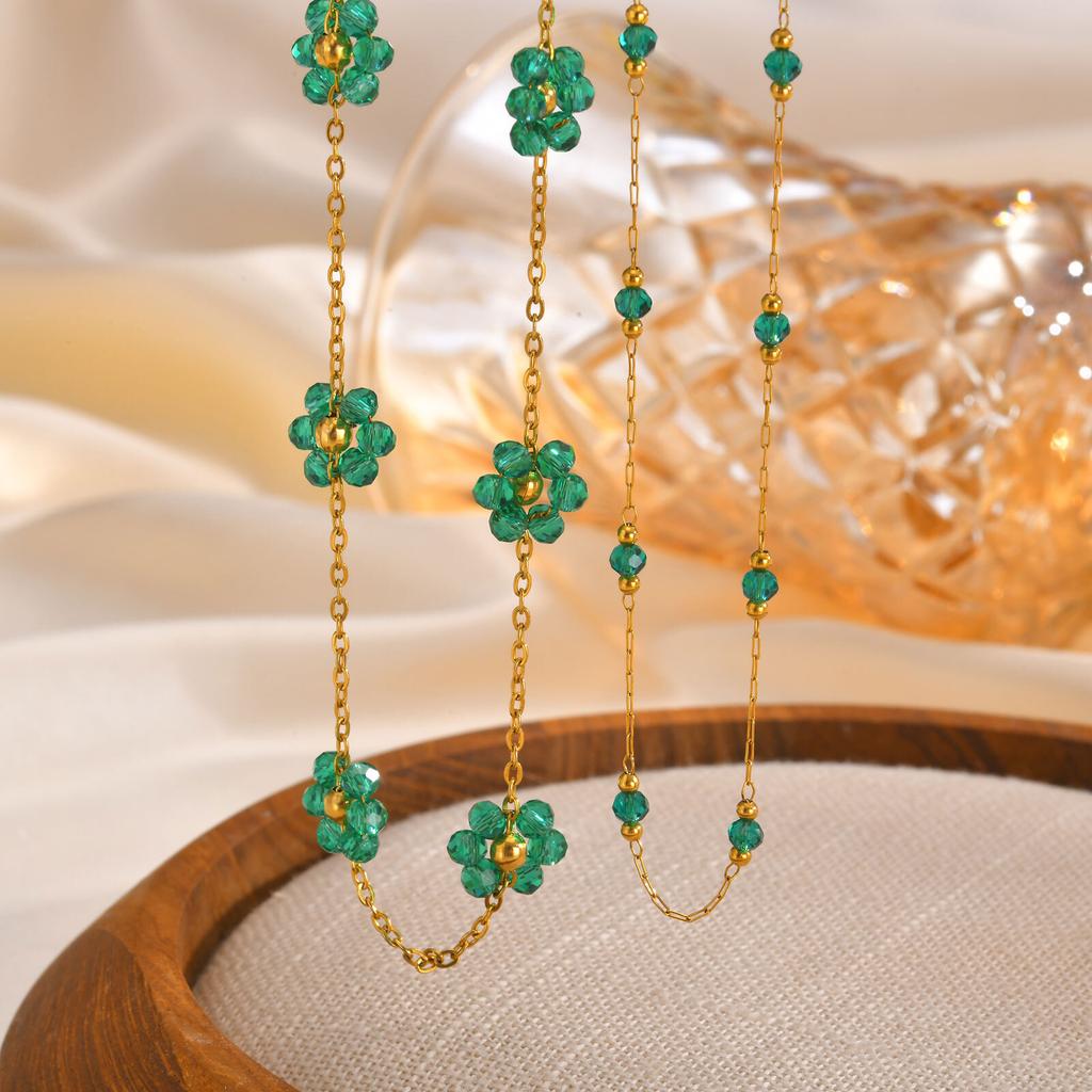 Vnox Green Stones Flower Charms Necklaces, Women Chain Necklaces, Vintage Beads Necklaces Collar, Autumn Winter Jewelry