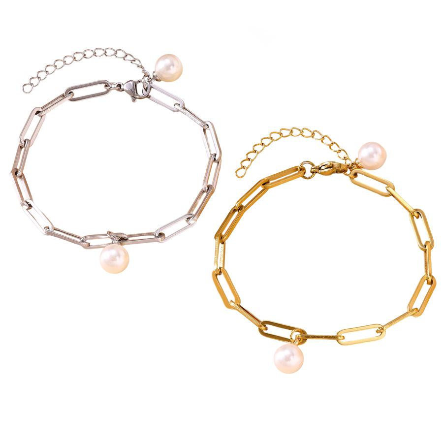 European & American Style Pearl Paperclip Bracelet - Gold Plated Stainless Steel, Niche Design Accessories
