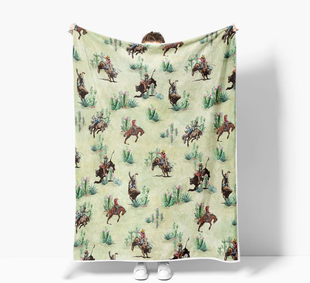 Western Cowboy Throw Blankets For Boys, Vintage Cowboy Ride Horse Western Theme Cozy Bed Couch Flannel Blanket, Desert Cactus Wi