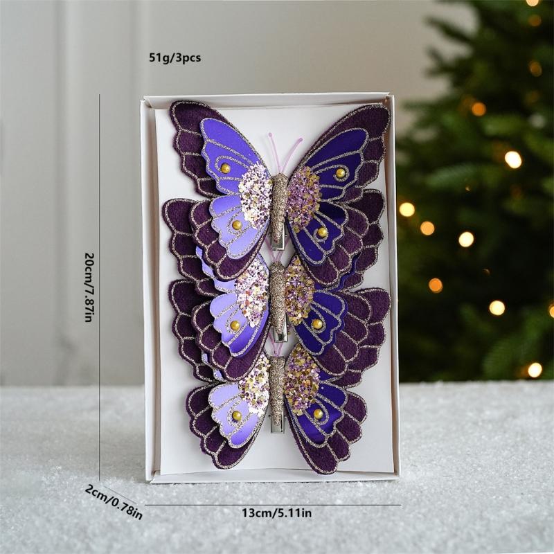 Pack Of 3 Double Layer Butterfly Christmas Tree Clip Accessory Elegant Fabric Ornament For Holiday Decorations