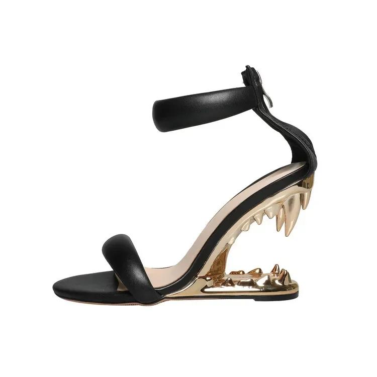 Fashion Brand Gold Strange Tiger Teeth Slope Heel Sandals  New Women's Back Zipper Simple Dress Banquet Designer Women Shoes Size 34-44