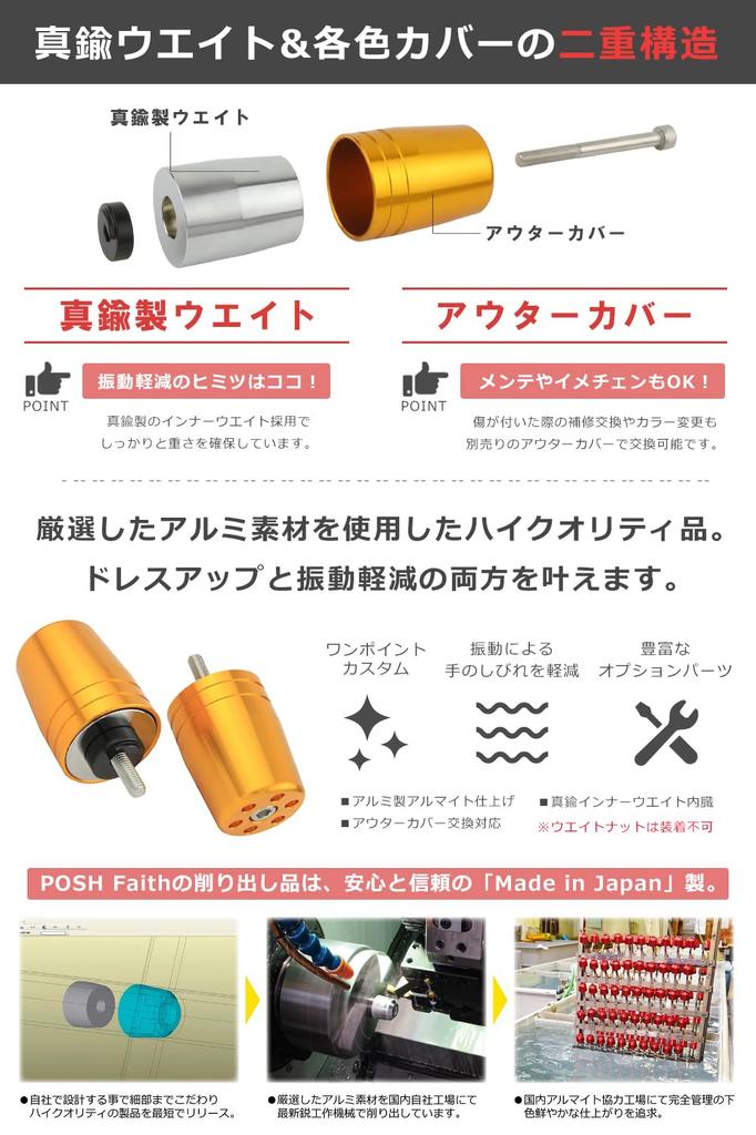 POSH FAITH Ultra Heavy Handlebar Ends, Made in Japan, for Yamaha OEM Handlebars, M6 Type, Blue, Compatible with YZF-R25 and Other Models, 031699-01-10