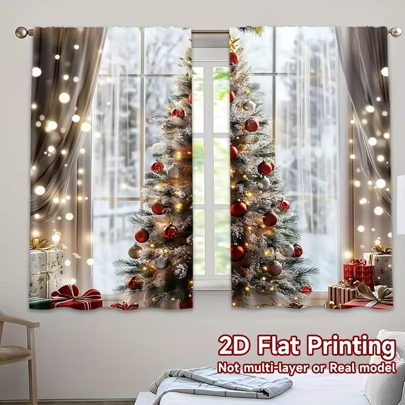 

Christmas Tree Curtains Festive Design Polyester Window Decor Holiday Living Room Bedroom Curtain Set Of 2 Made With Rod Pocket Washable Area Ready W100*H70(CM)-Rod Pocket&2PCS