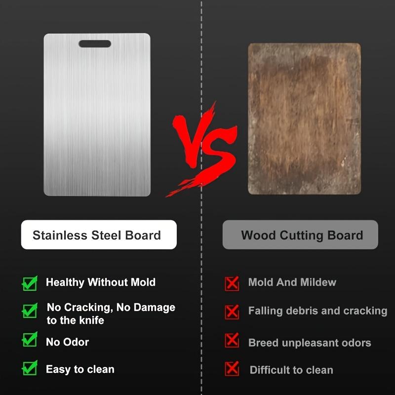 Premium double - sided titanium chopping board. Food - grade steel, durable, easy - clean, rustproof. Ergonomic handle, sleek look, great for kitchen.