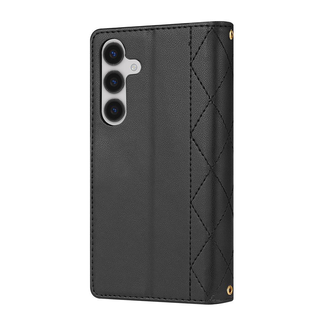 For Samsung Galaxy S26+ Case Rhombus Stitching Leather Wallet Phone Cover with Long / Short Strap