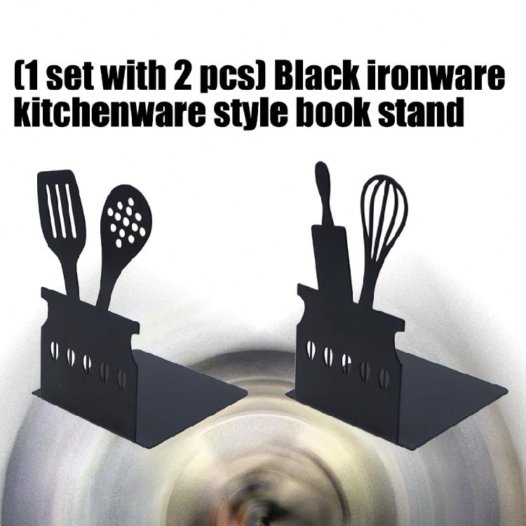 2Pcs Black Metal Bookends Kitchenware Themed Book Stoppers Heavy Duty Desk Book Organiser For Office Home Library School