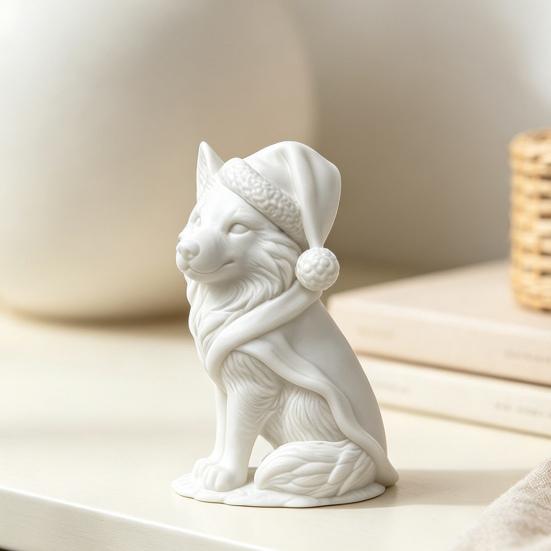 Creative Christmas Gift 3D Printed Wolf Figurine, Cute Animal Statue with Santa Figurine Hat And Scarf for Tabletop, Mantel Shelf Home Office