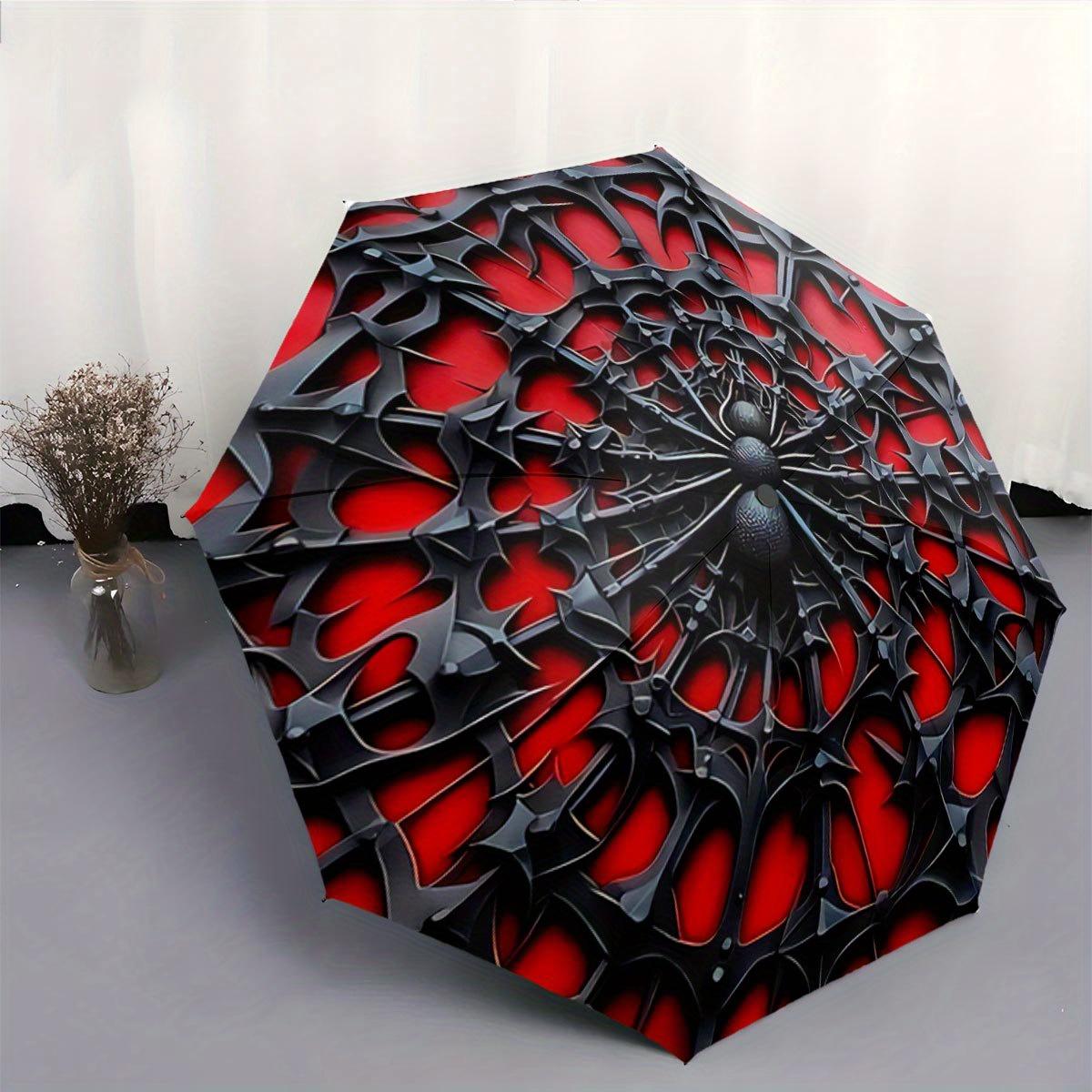 

Automatic Folding Umbrella Black Spiderweb-Like Pattern on a Red Background. Portable Collapsible Design, Casual Outdoor Acces Iron&8K