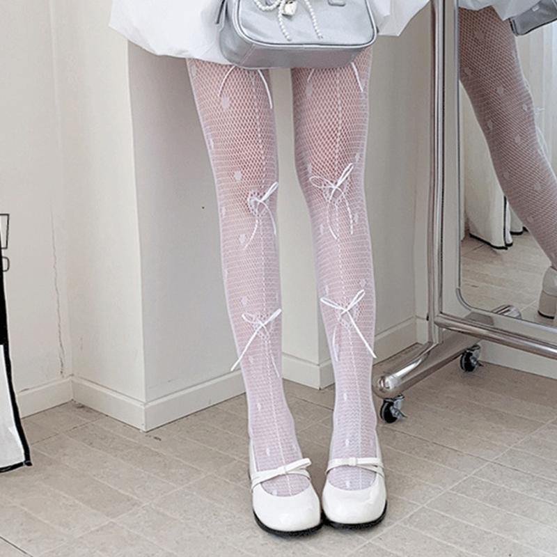 Women's Fishnet Stockings with Bowtie Girls Fish Net Tights with Designs High Waist Pantyhose Thigh High Stockings