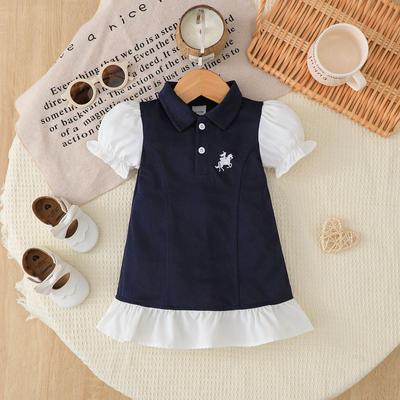 Baby Girls Puff Polo Dress Preppy Style Lapel Ruffle Hem Summer Casual Daily Party Princess Dress for 1-3Years Old Toddler Kids