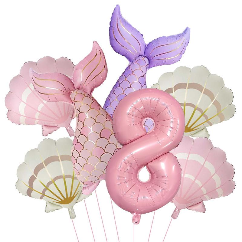 7 Stück Meeresmeerjungfrauenschwanz Muschel Muschel Ballons Set Rosa 0-9 Zahlen Folienballon Unterwasser Geburtstagsparty Dekoration Babyparty Zubehör