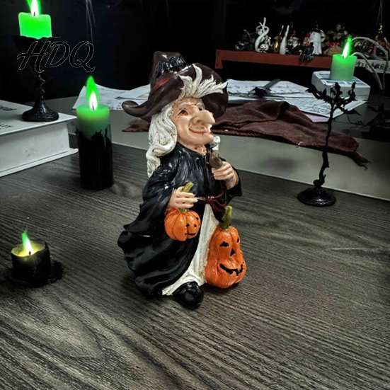 Resin Desktop Decorations Halloween Witch Pumpkin Figurine Vintage Hand-Painted Ornament Spooky Tabletop Artistic Figurines Decor for Desk
