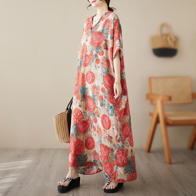 Real Shot Summer Thin V-neck Cotton and Linen Large Size Loose Medium and Long Literary Holiday Style Beach Dress Women