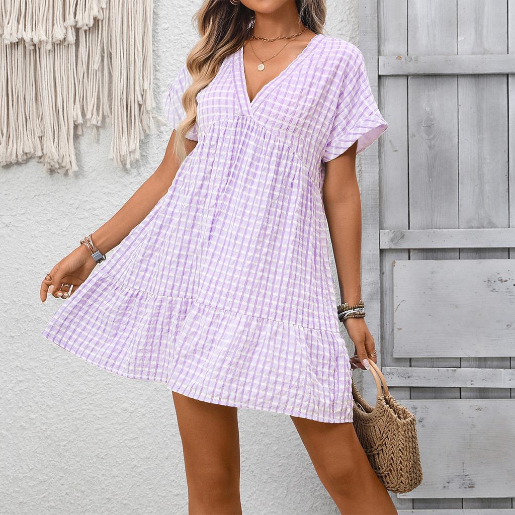 Women's Fashionable Checkered V-neck Short Sleeved Ruffled Holiday Loose Dress