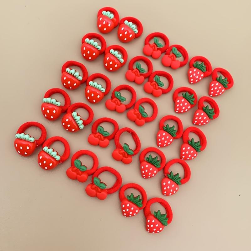 Set of 10 or 30 pieces: Sweet and Cute Strawberry and Cherry Fruit Hair Ties for Little Girls—Red and Festive