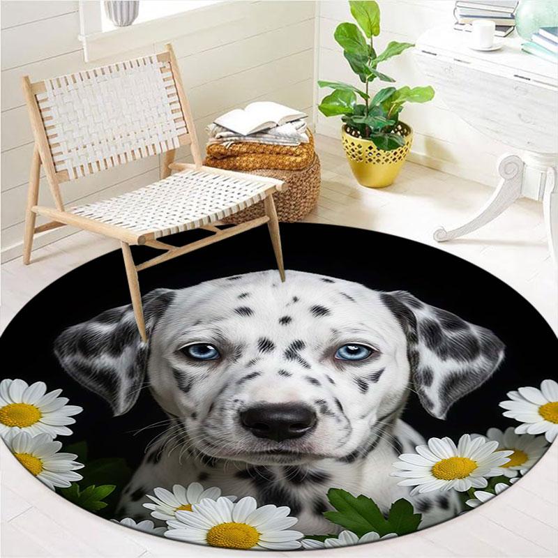 Flowers and dogs Round Area Rug,Carpet Rug for Living Room Bedroom Sofa Playroom Decor,Non-slip Floor Mat
