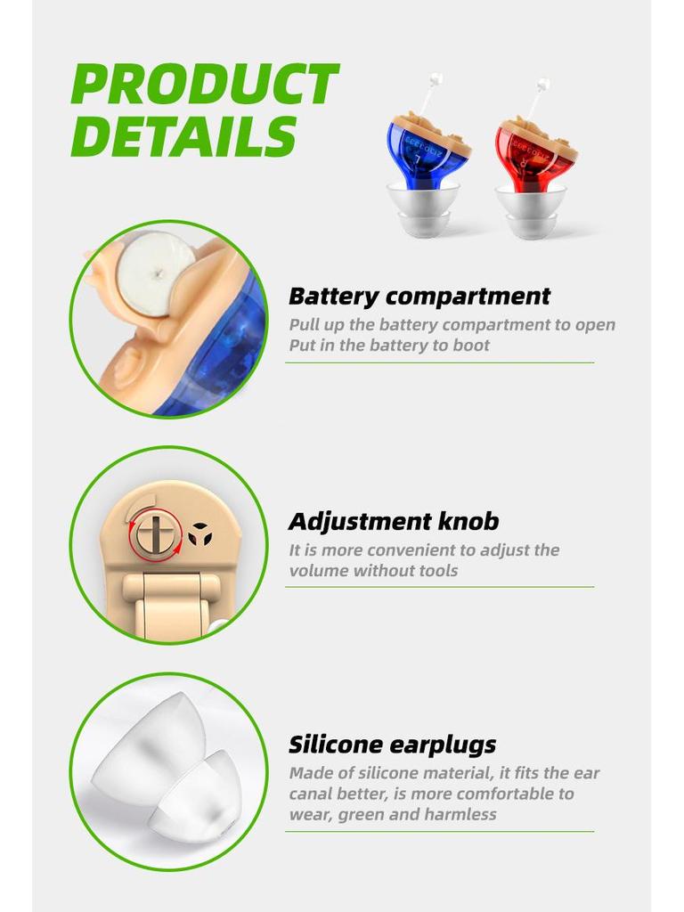 In-ear Hearing Aid Sound Amplifier for All Ages - Battery Model with Sound Collector Accessories