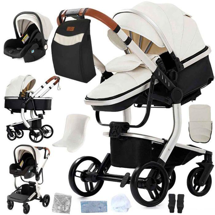 Poussette 3 en 1 Bébé Combinée Siège-Auto Nacelle Trio Réversible cuir pu Roues increvables Canne.Blanc