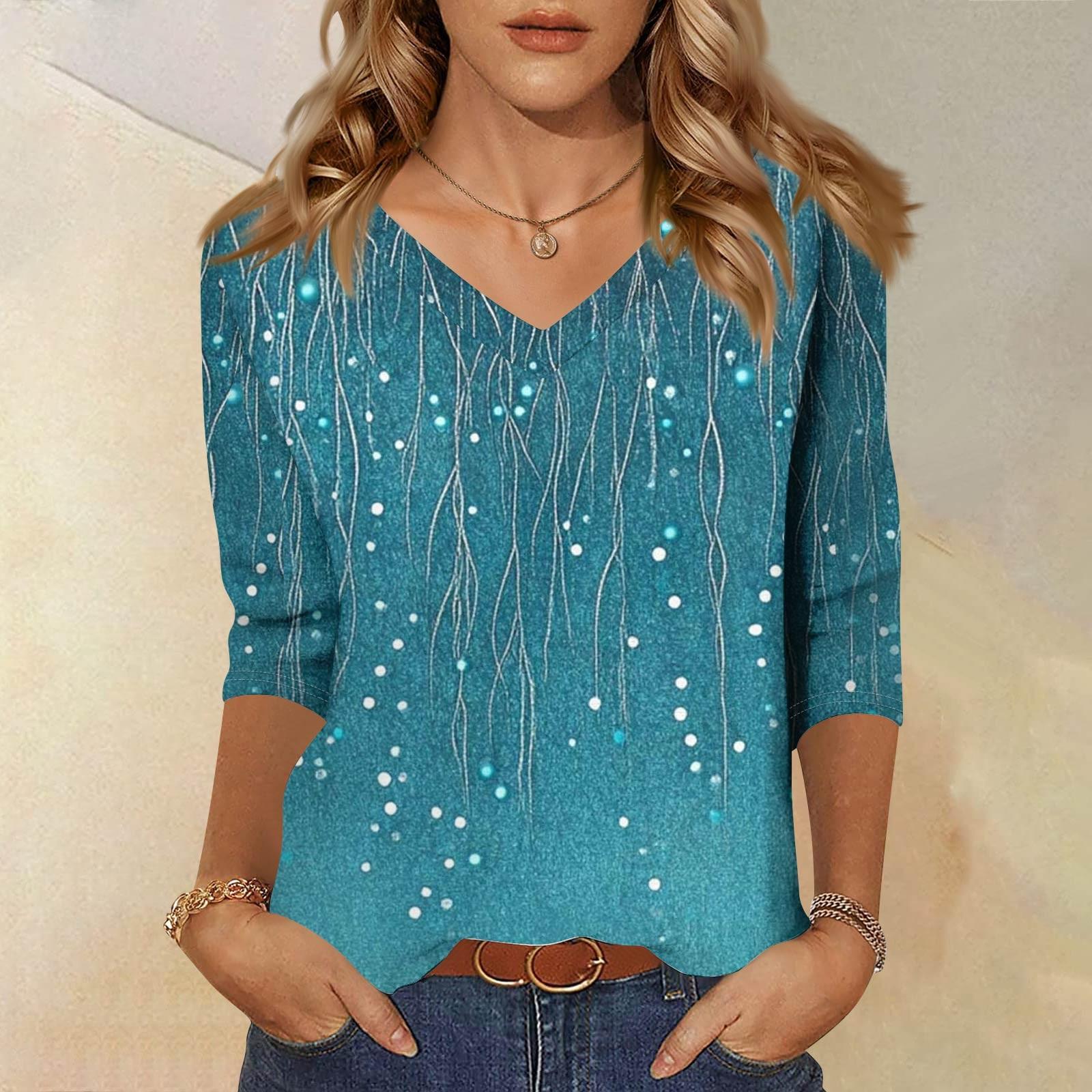 

Жіночі топи Сорочка з рукавом три чверті Вільна повсякденна сорочка з V-подібним вирізом Футболка з квітковим принтом XXXL