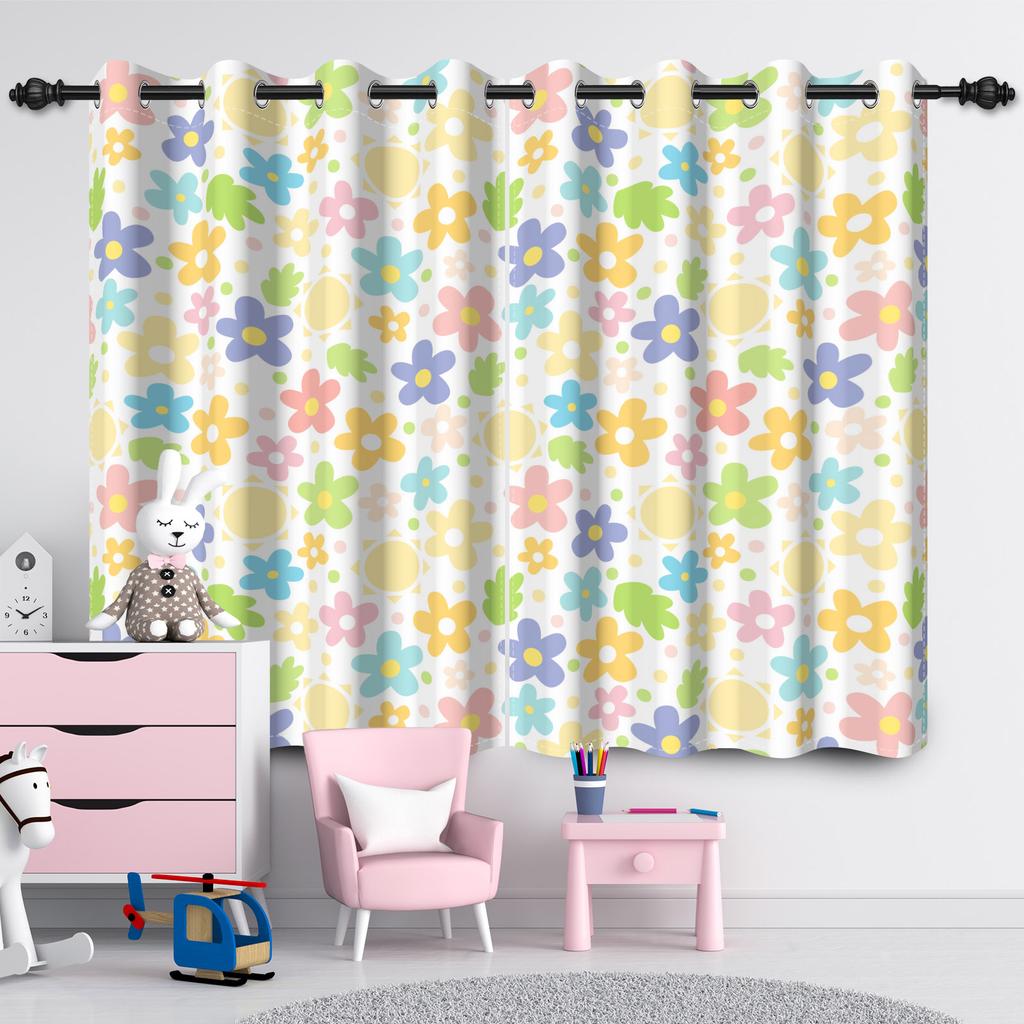 2Pcs Sun Colorful Flowers Window Curtain for Children's Bedroom Blackout and Heat Insulation Grommet Drapes Home Decoration