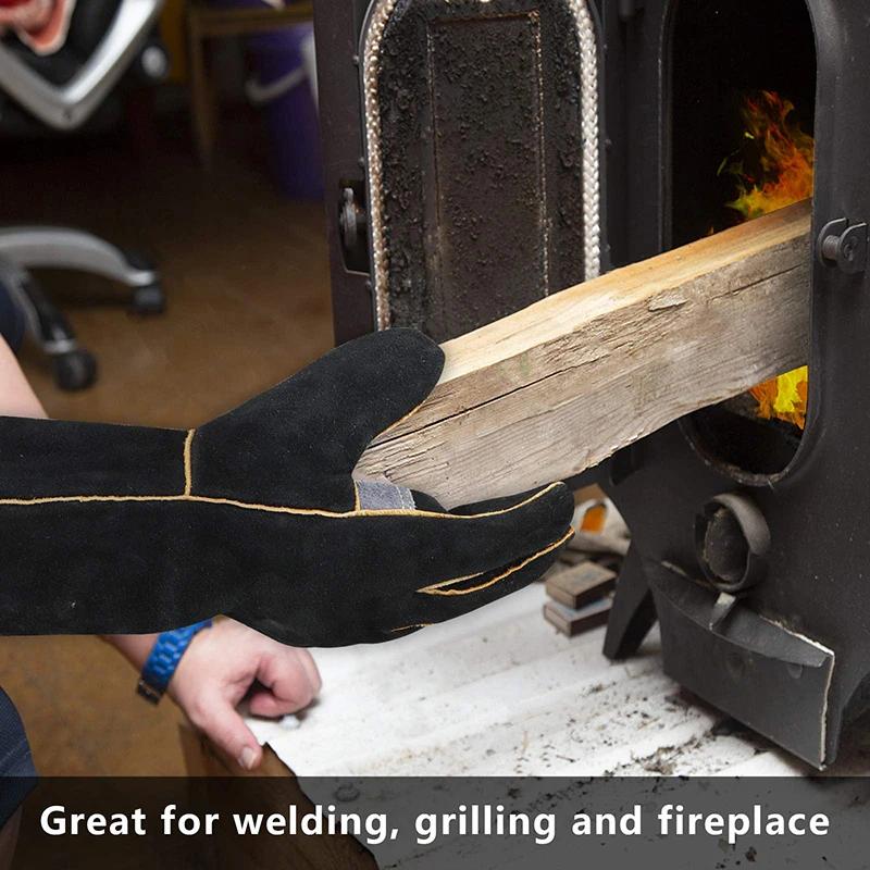 Guanti estremamente resistenti al fuoco e al calore, in pelle con cuciture in kevlar, perfetti per camino, stufa, forno, grill, saldatura