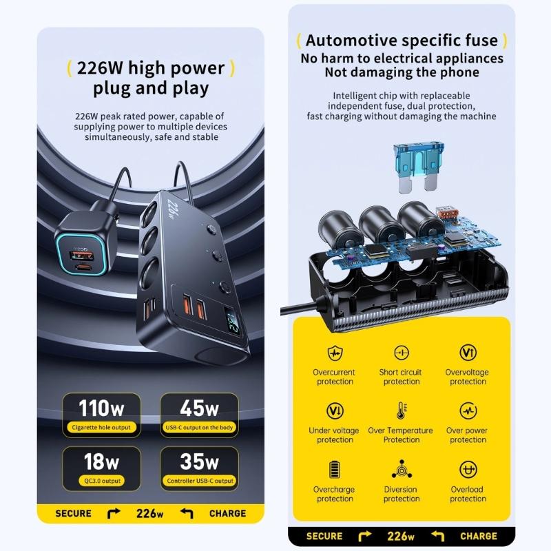 Universal 12V 24V Vehicle Charger Spliter Supporting PD3.0 For Quick Charge Of Phones Laptops Tablets Safely