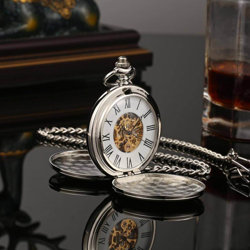 COZENTA Pocket Watch with Manual No Battery Replacement Chain, Winding, (Silver)