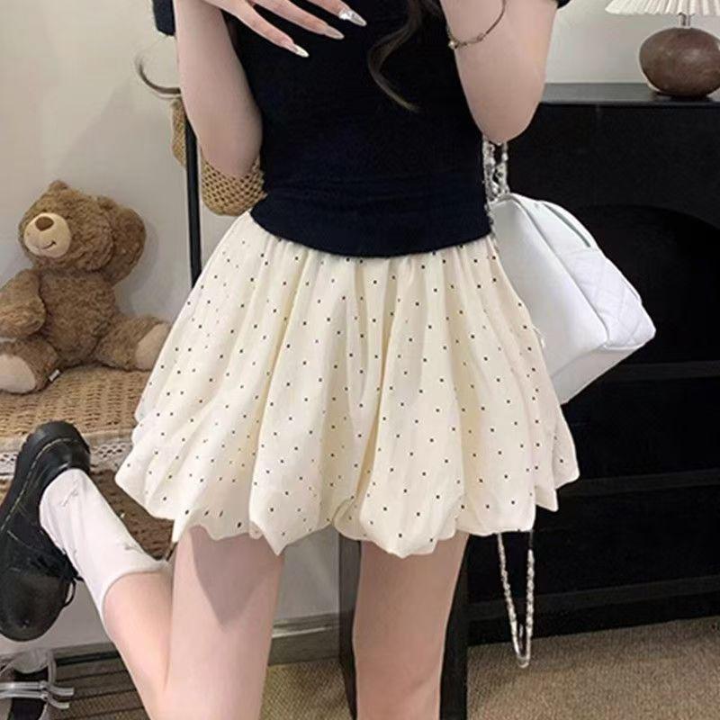Frühling Sommer High Waist Wolkenblase Puffy Rock Damen Blütenknospe Kurzer Rock Gepunkteter Halber Rock Elegant