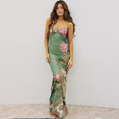 Halter V-neck Print Sexy Slim Dress Summer Vacation Chic Spice Backless Dress