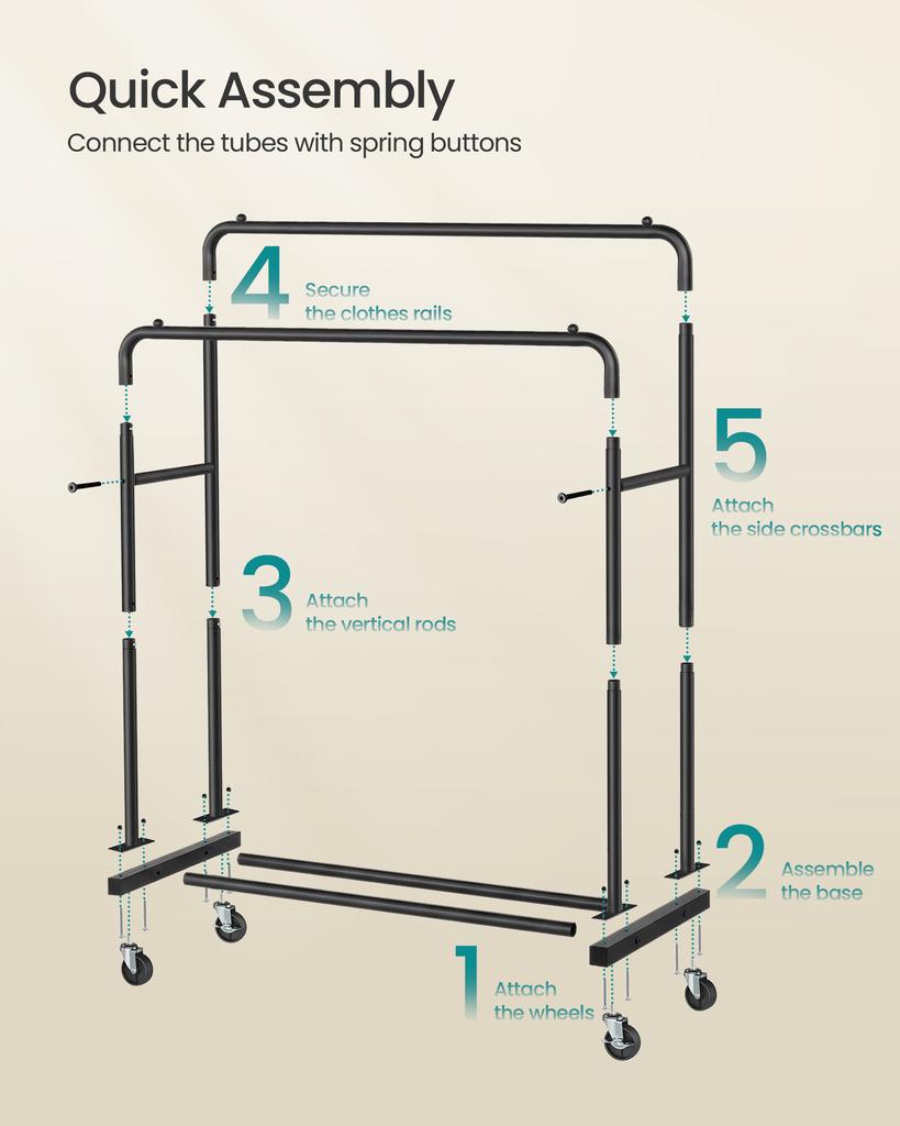 SONGMICS Clothes Rack, Garment Rack On Wheels, Coat Rack, 2 Lockable Wheels, Bedroom, Double Rods, Holds Up To 90 Kg, 46.5 X 110 X 155.5 Cm, Ink Black