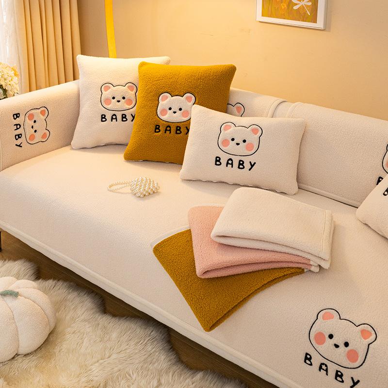 Lamb's Wool Warm Velvet Sofa Cushion Winter Thickened Plush Cartoon Embroidery Sofa Cover Decorative Dust Non-Slip Backrest Cove