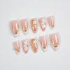 24 Nude Pink Gradient Press-On Nails with 3D White Flowers, Gold Lines, Pearls - Medium Length Beauty Set