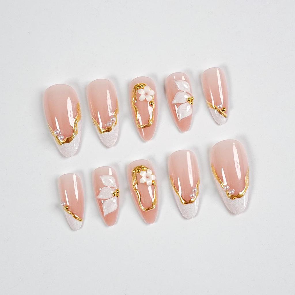 24 Nude Pink Gradient Press-On Nails with 3D White Flowers, Gold Lines, Pearls - Medium Length Beauty Set