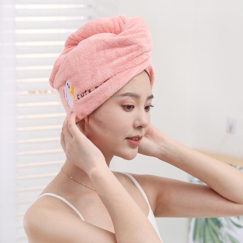 Cartoon Embroidery Coral Fleece Absorbent Dry Hair Cap for Women