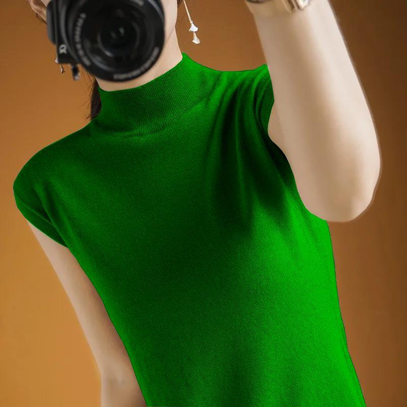 Thin Camisole Vest Women's Summer Half High Neck Short Sleeved T-shirt Women's Knitted Loose Temperament Sleeveless Top Women's Base Shirt