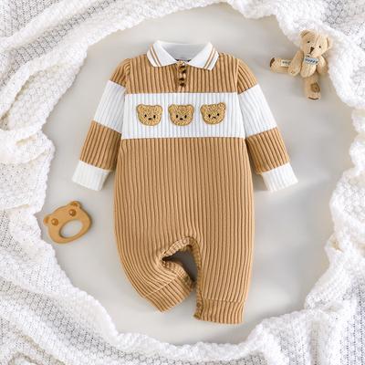 Baby Knitted Jumpsuit Bear Patch Embroidered Turn-Down Collar Romper Baby Spring and Autumn Long Sleeve Romper