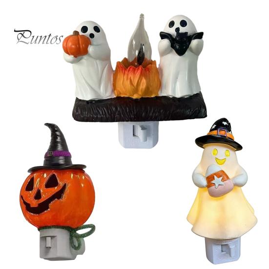 Steck-Nachtlicht Halloween Kürbis Geist mit Hexenhut, Harz Weiches Leuchten Geschenk für LED Schlafzimmerlicht, Gruselige Wandleuchte Party Heimbeleuchtung