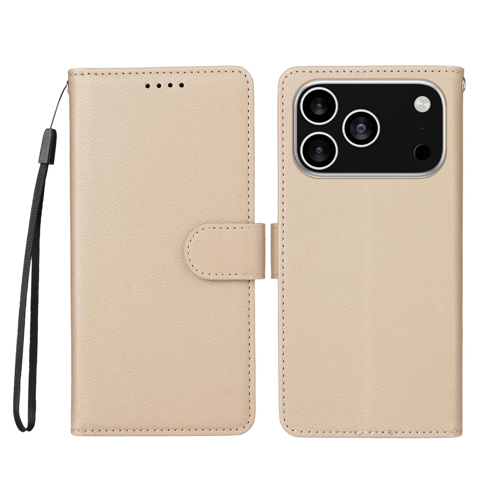 

For iPhone 17 Pro Case RFID Blocking 3 Card Slots PU Leather Phone Cover with Wrist Strap Creamy White
