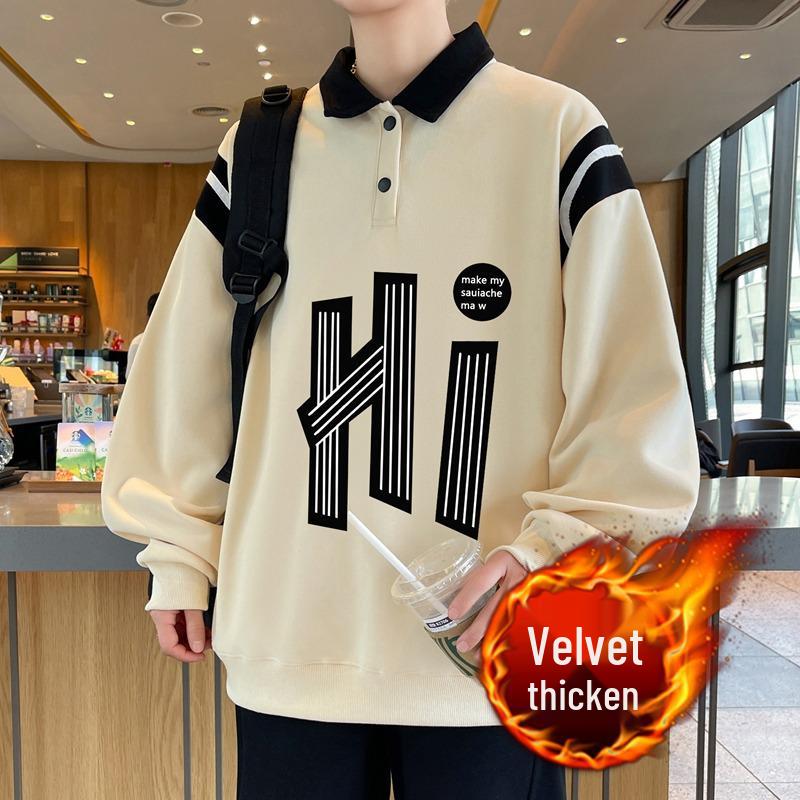 Winter Youth Plus Velvet Hoodie: Trendy Boys  Long Sleeve POLO Collar, Loose Fit, Versatile Casual Top 3XL