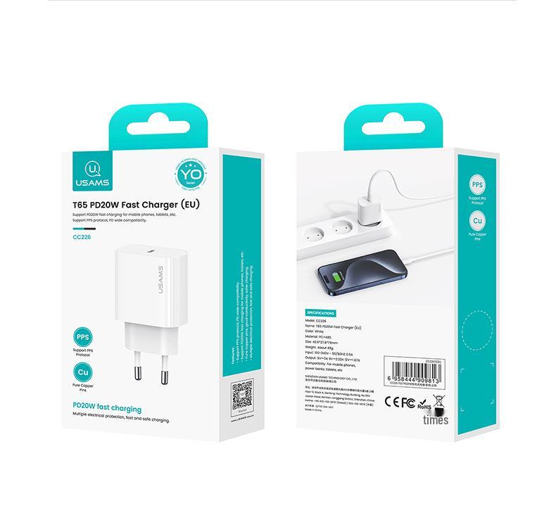 USAMS 20W PD Fast Charger Head with PD Cable for Apple 15, 9V/2.2A, European Standard