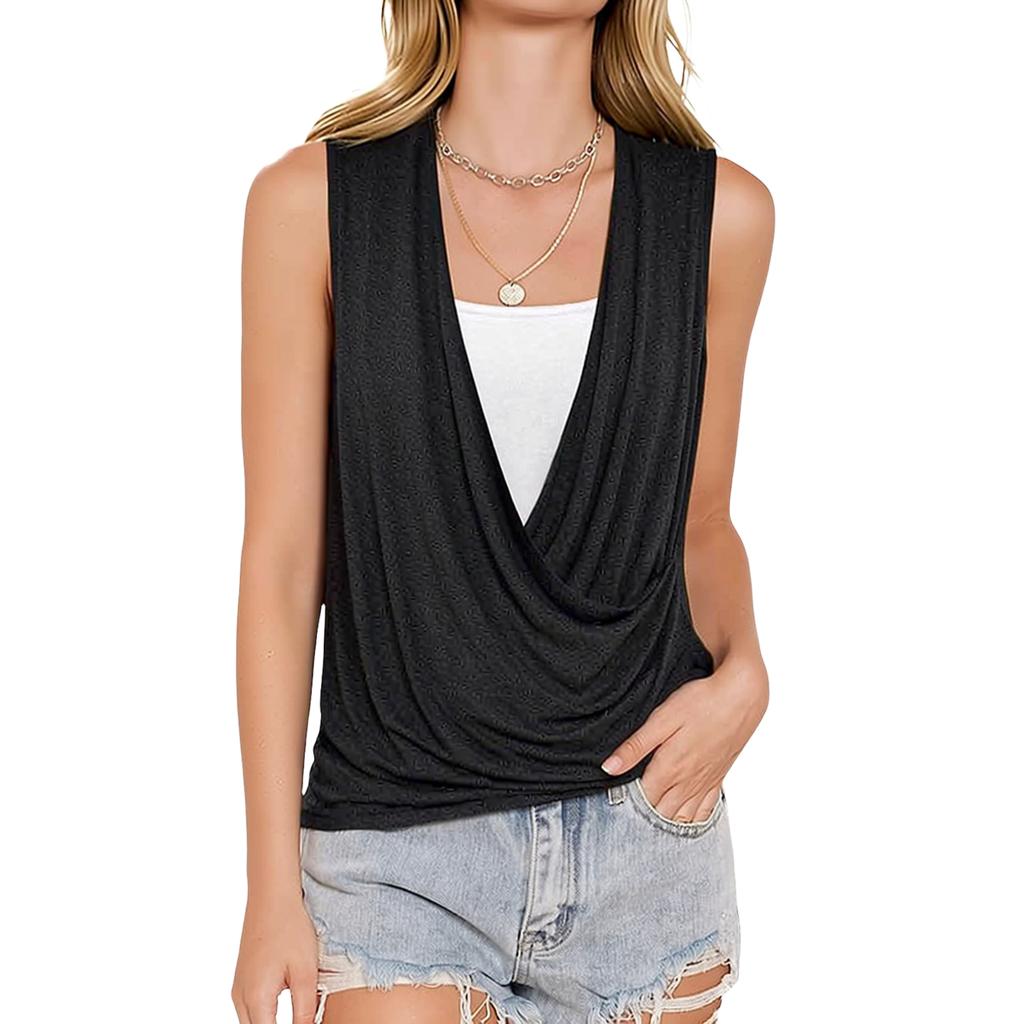 Women's Sleeveless Flattering Wrap Blouse with Hem for Casual Summer Wear