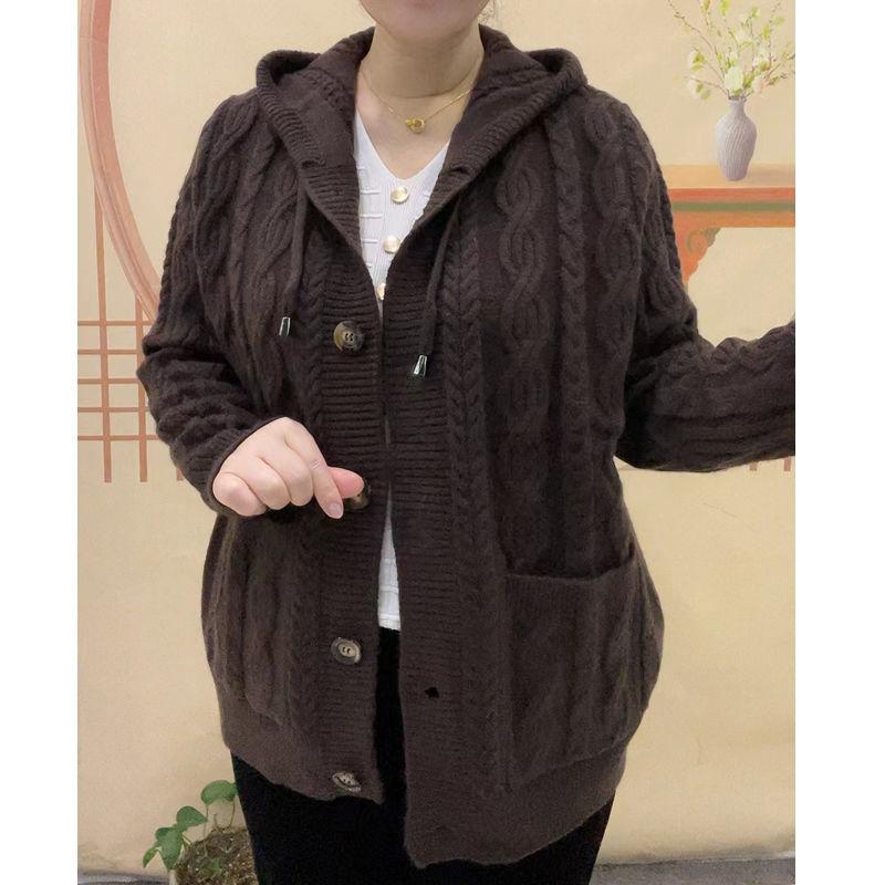 New knitted cardigan jacket women's thickened foreign style mother twist single-breasted hooded top